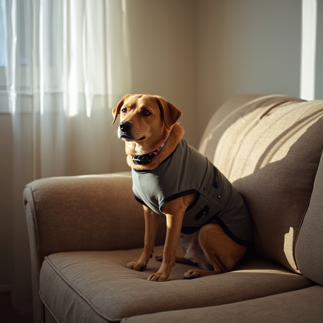 A calm dog wearing an anxiety jacket on a couch