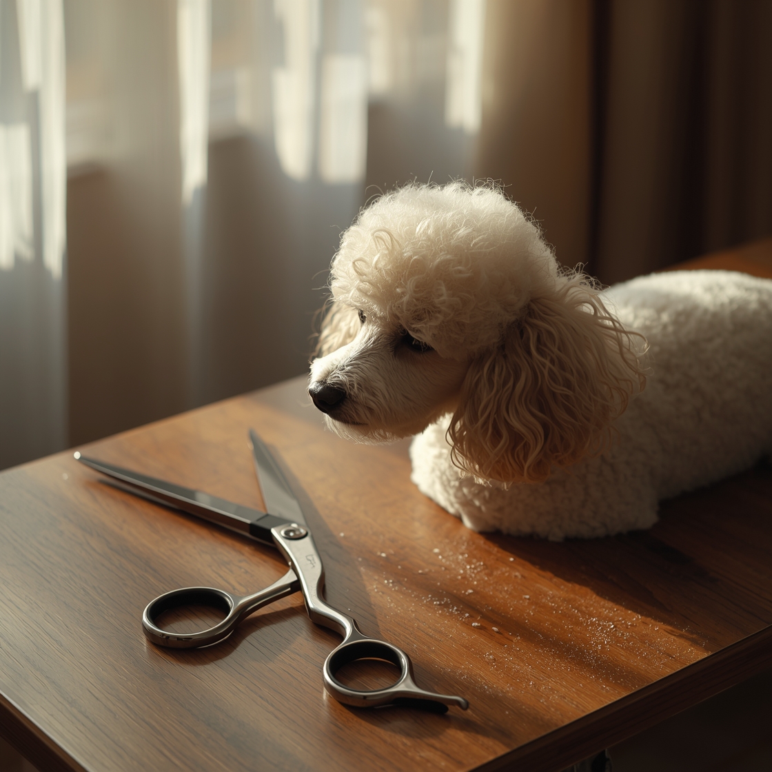 High-quality dog grooming scissors on a wooden table beside a poodle