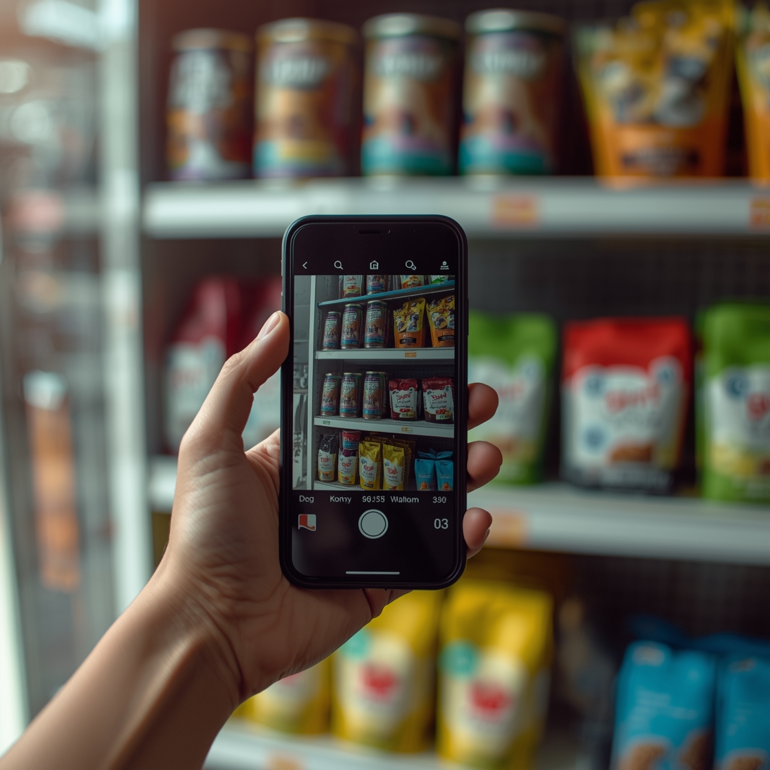 Smartphone scanning dog food label in pet store