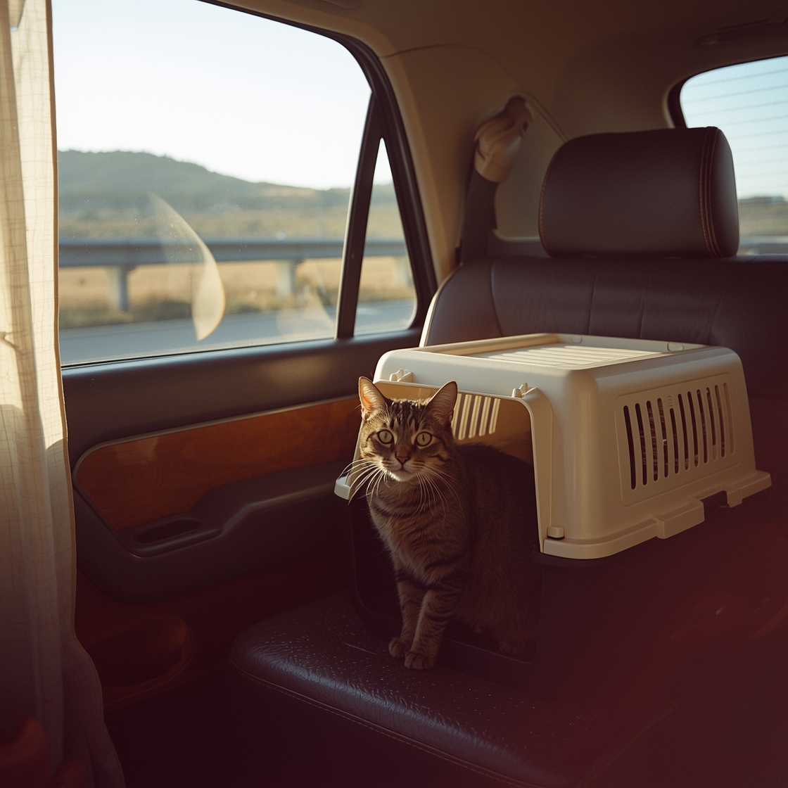 Pet carrier with cat on car seat for road trip travel
