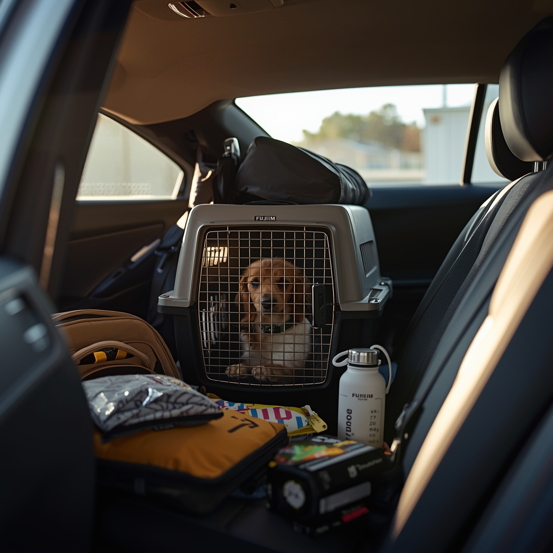 Large pet carrier with dog in car backseat for road trip