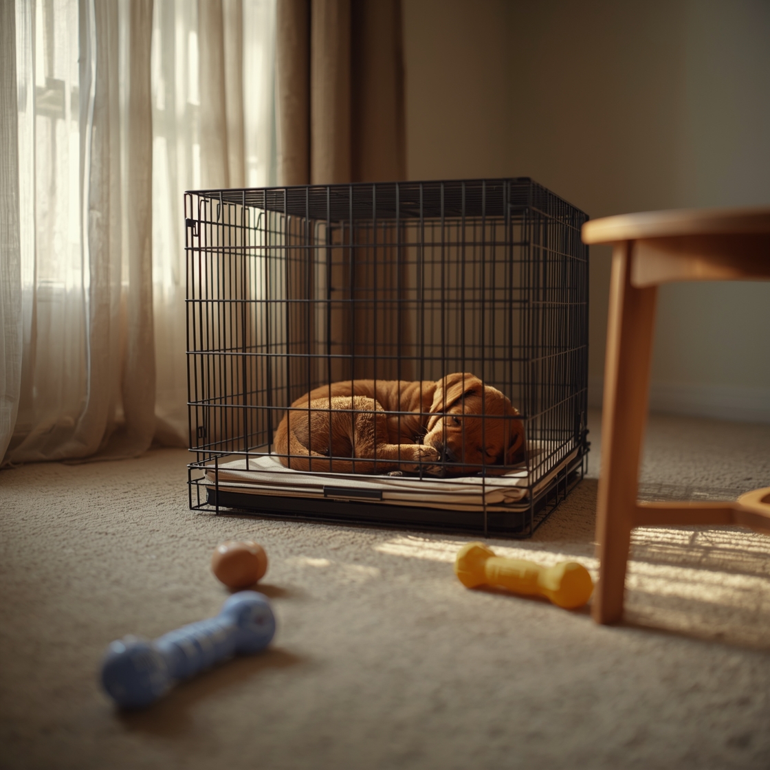 A puppy sleeping in a wire dog crate with divider on carpet