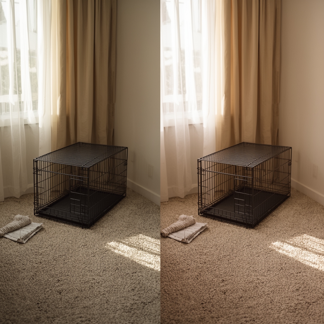 Wire dog crate beside plastic dog crate on carpeted floor