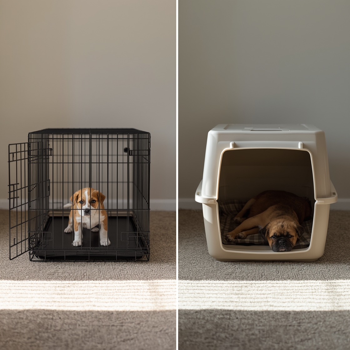 Side-by-side dog crates with puppies for stress-free training comparison