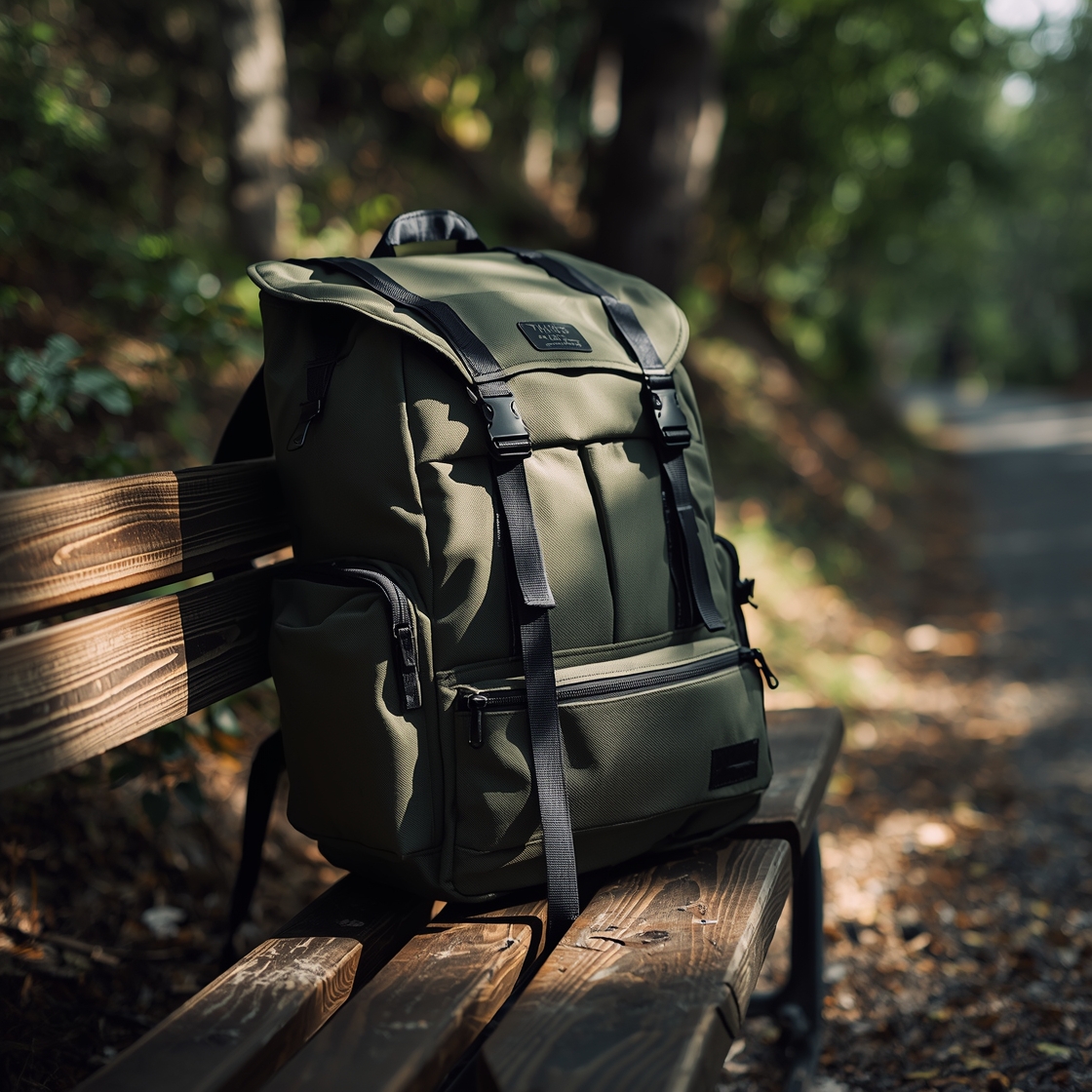 Dog travel carrier backpack on wooden bench by hiking trail