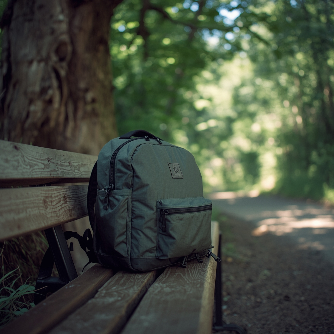 Dog travel carrier backpack on a wooden bench outdoors