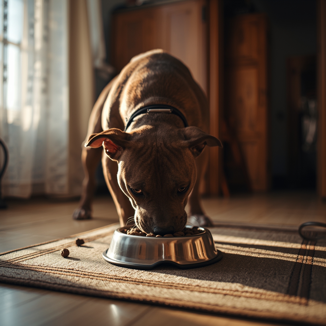 Pitbull eating high-protein dog food from stainless steel bowl