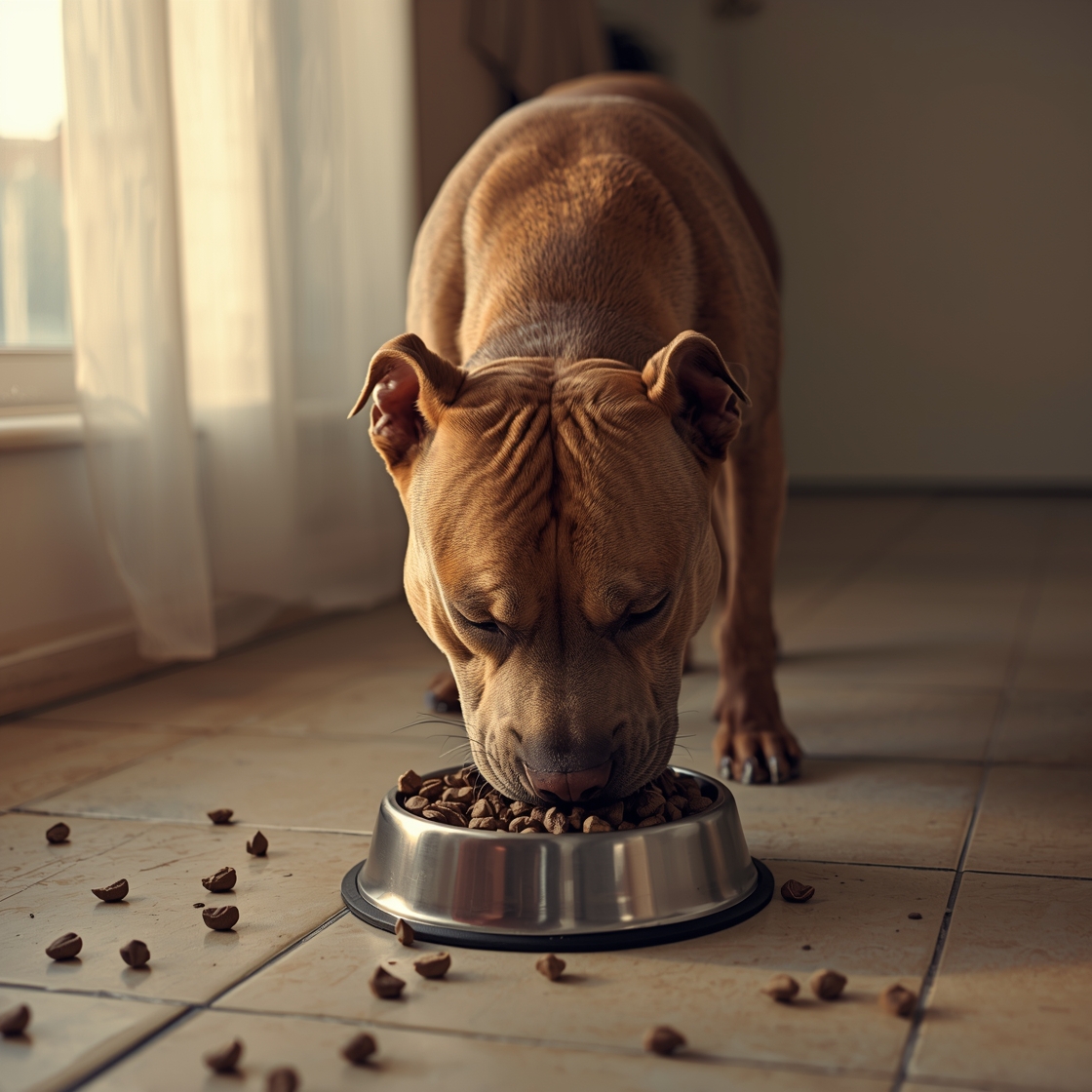 Pitbull eating high-protein dog food from stainless steel bowl