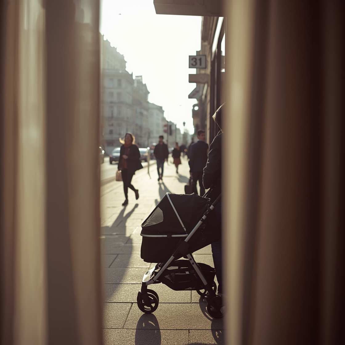A person carrying a compact pet stroller on a city sidewalk
