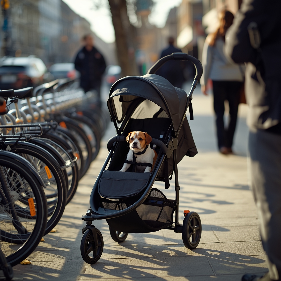 Compact pet stroller on city sidewalk with small dog inside