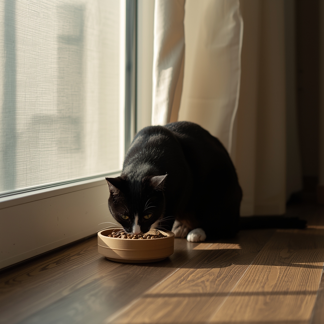 A black cat eats from a ceramic bowl on a wooden floor