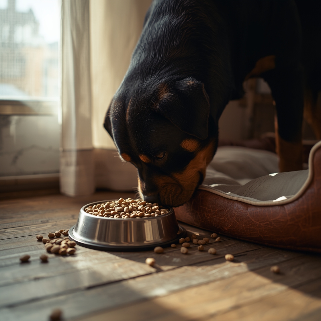 A large Rottweiler eating high-quality kibble from a stainless steel bowl