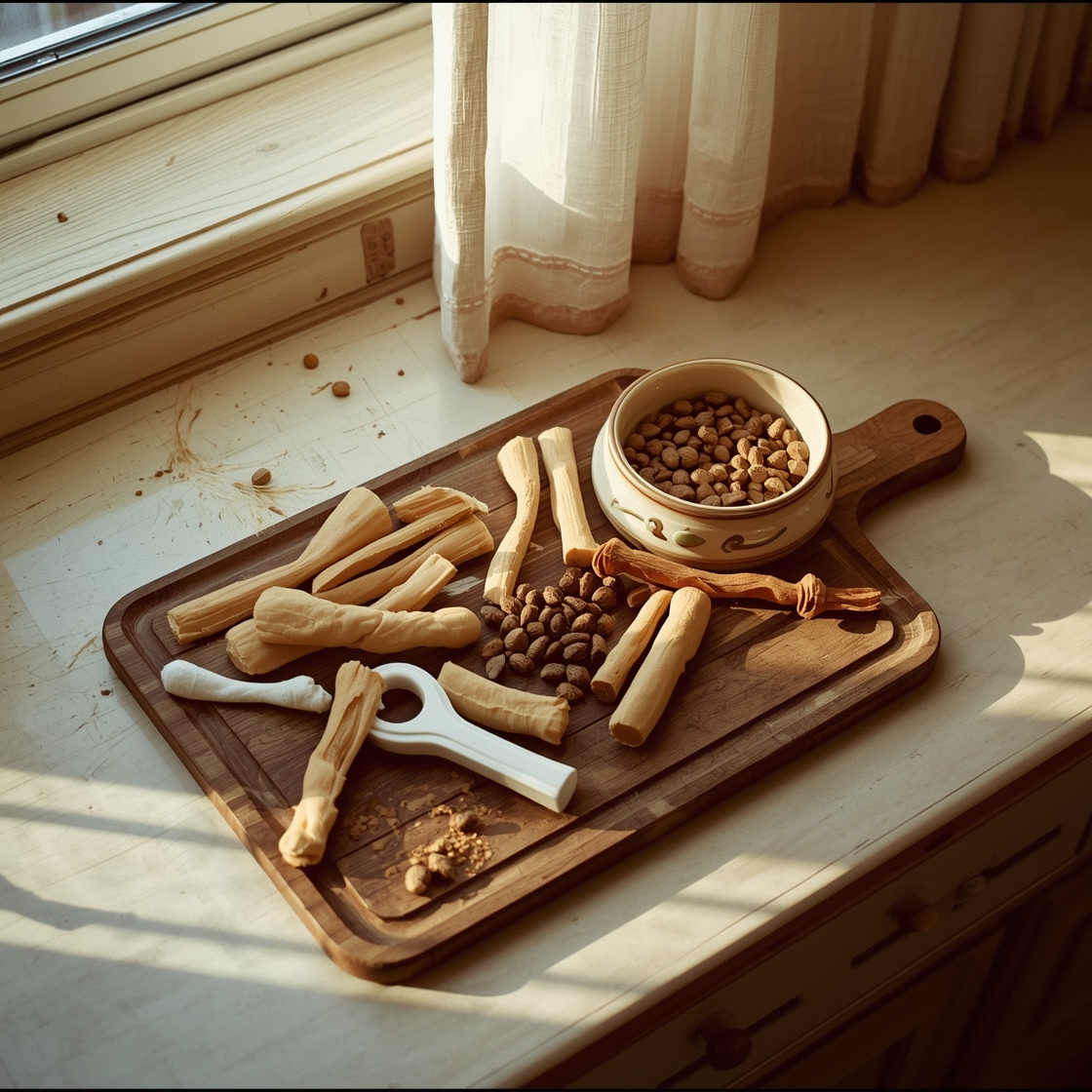 Assorted dog dental chews on a wooden cutting board