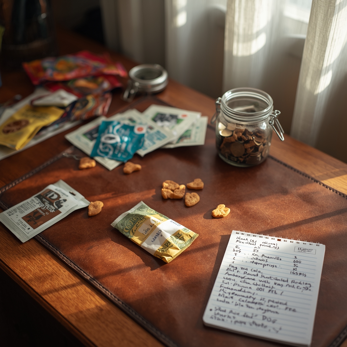 A cluttered desk with dog dental chews and money