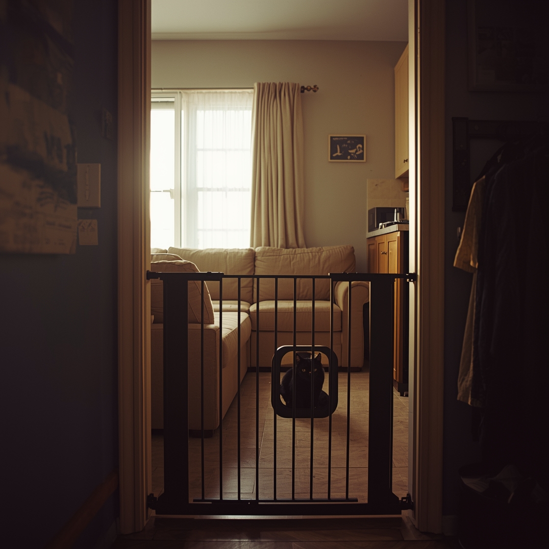 Pet gate with cat door installed in doorway between rooms