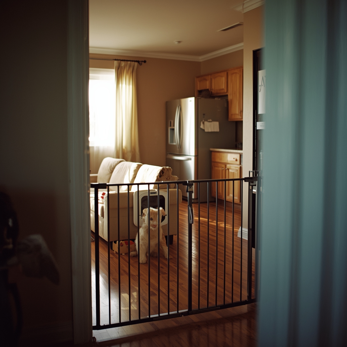 Pet gate with cat door in a doorway between living room and kitchen