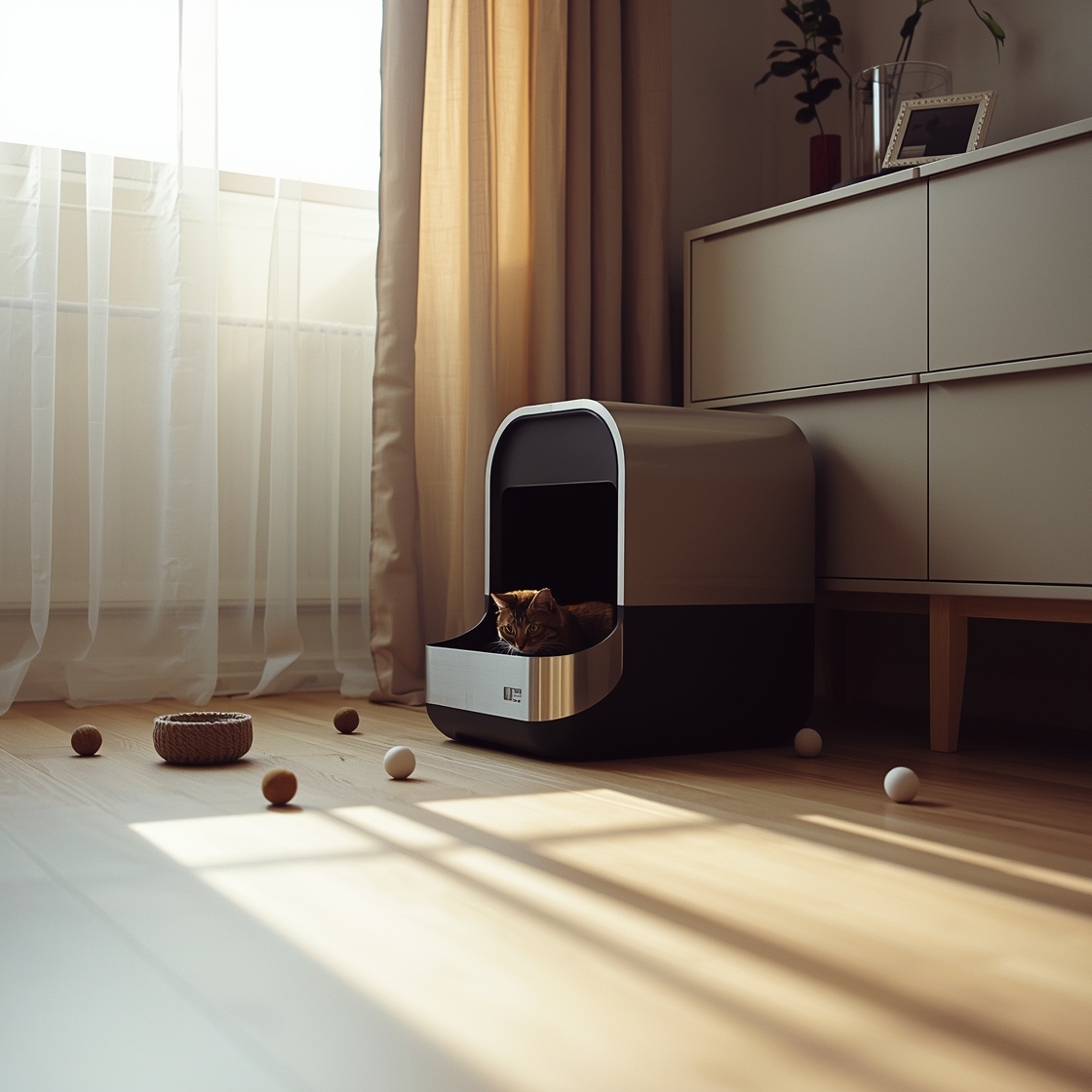 Automatic cat litter box on hardwood floor beside cabinet