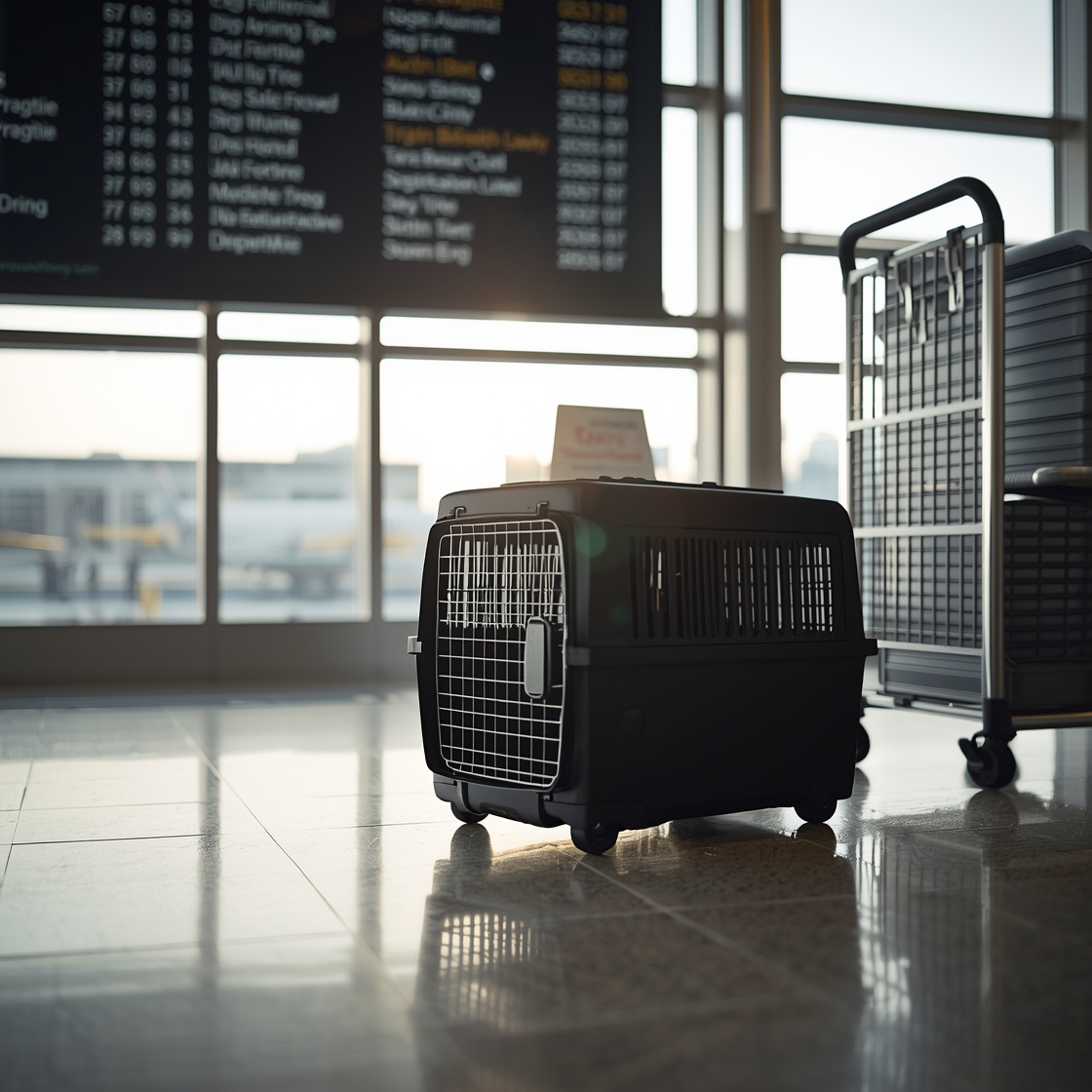 Pet travel carrier with wheels on airport floor beside luggage cart