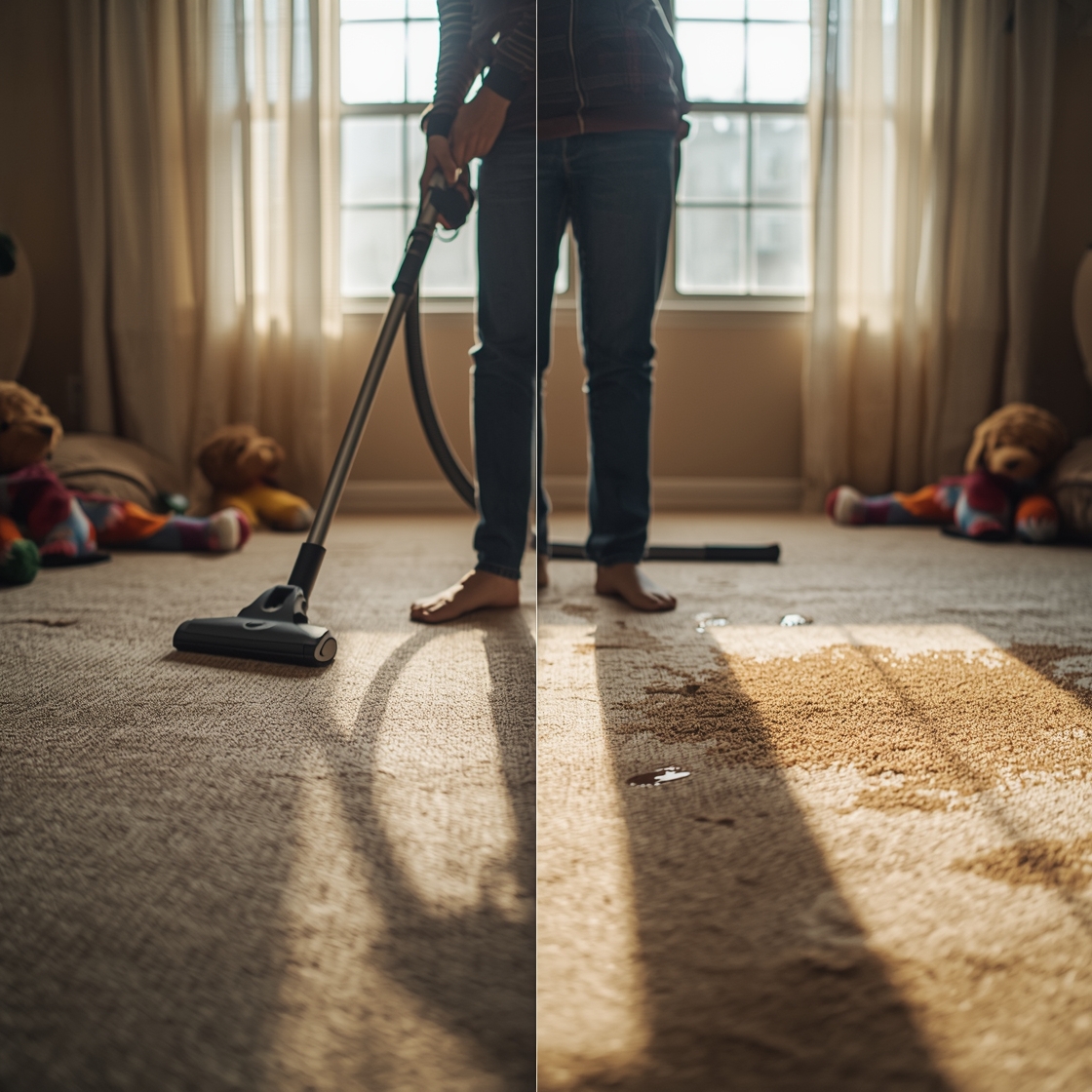 Pet owner using carpet cleaner on stained living room carpet