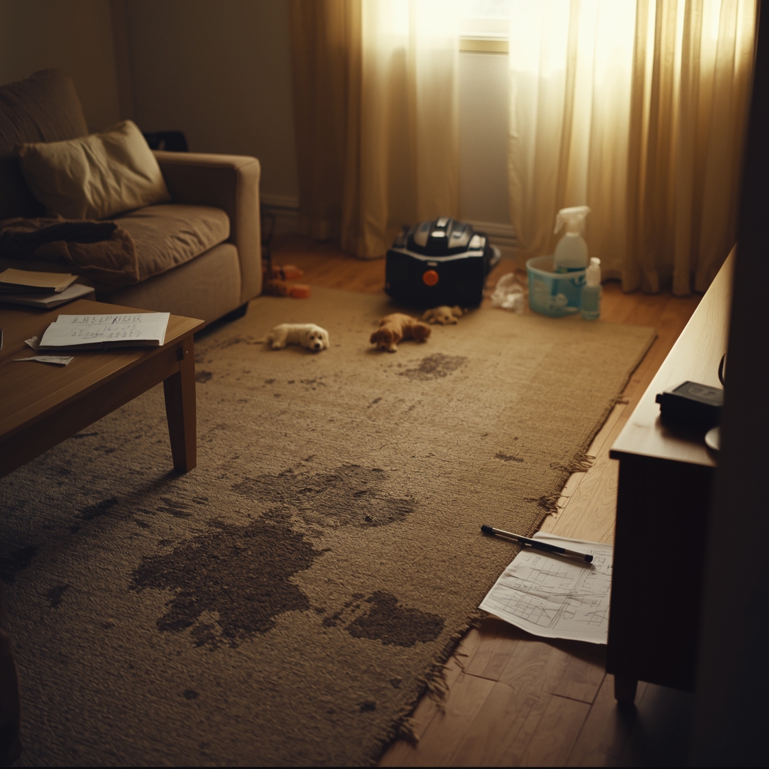 A messy living room with pet stains on the carpet and cleaning supplies nearby