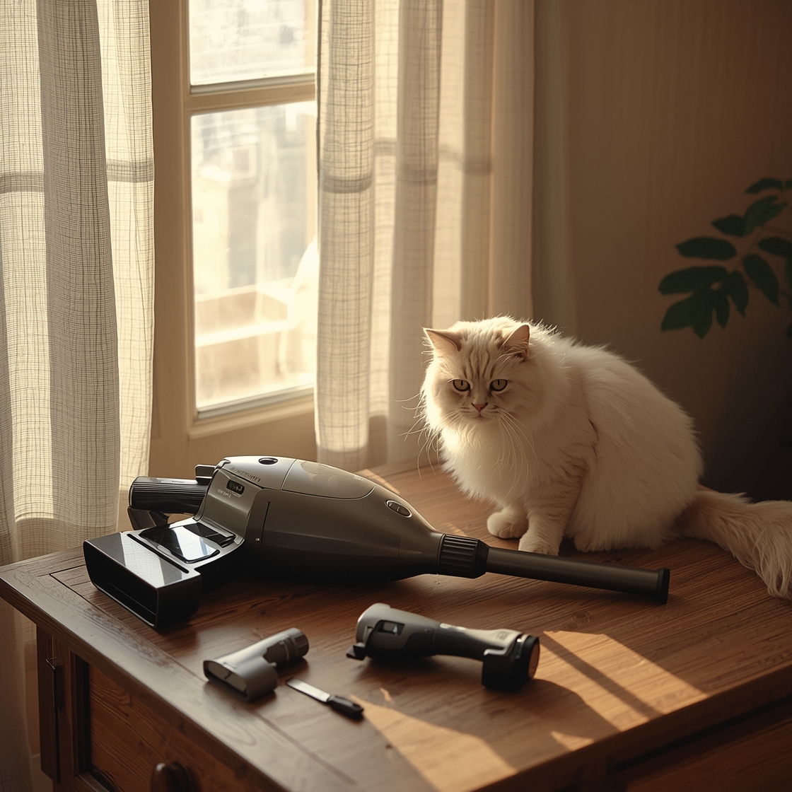 Handheld pet grooming vacuum and shedding brush on wooden table