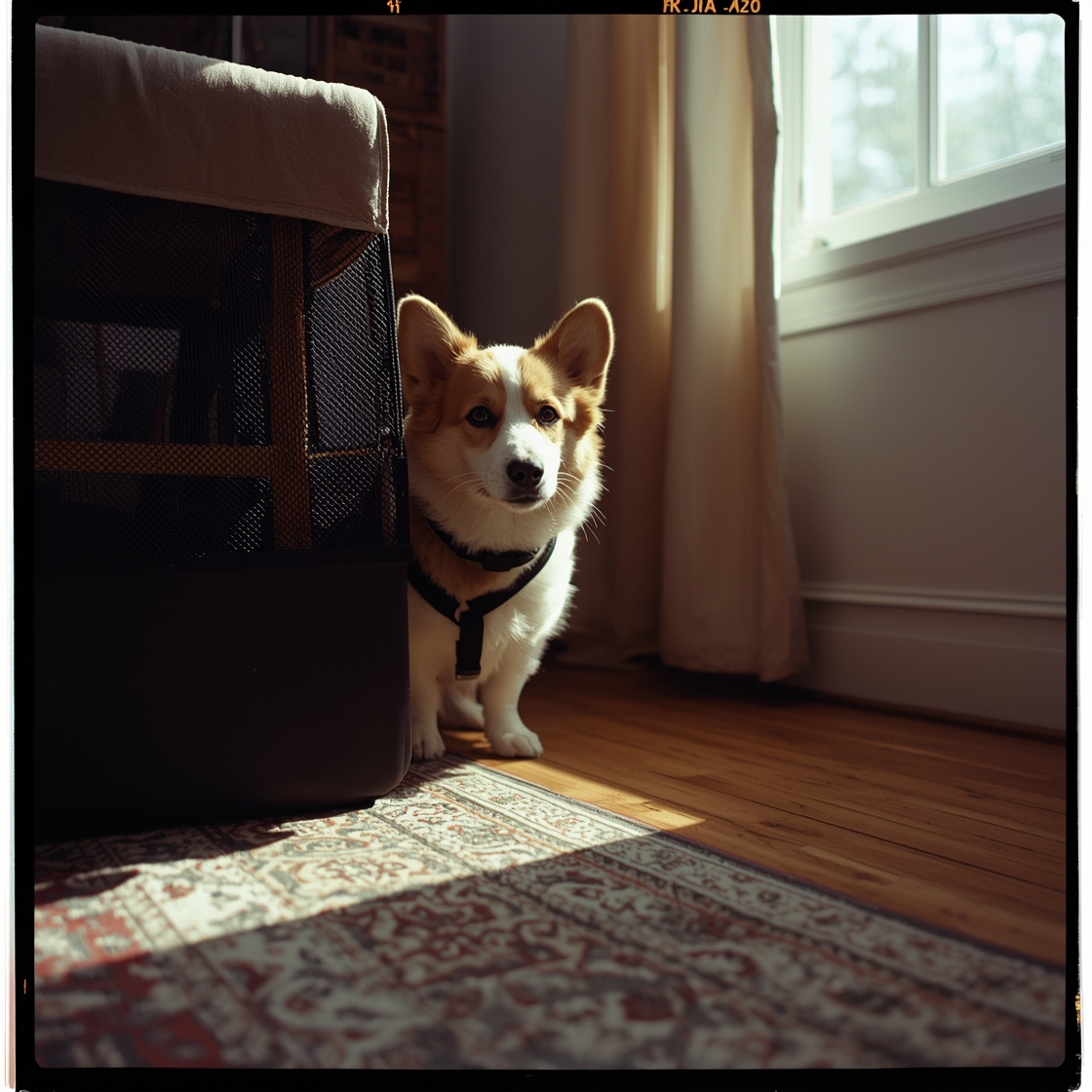 A Corgi mix in a dog stroller with safety harness and plush padding
