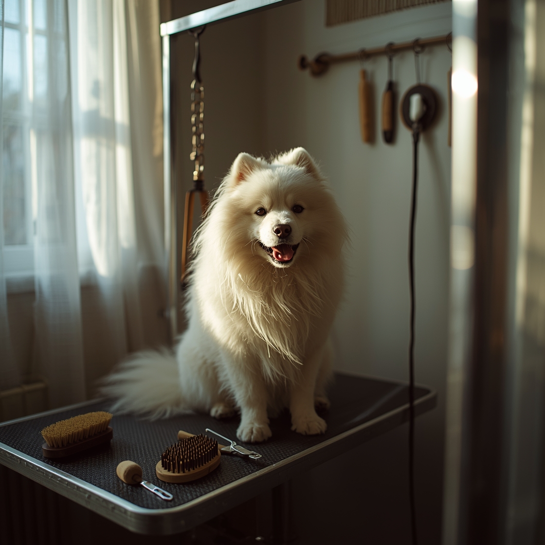 Long-haired white Samoyed on a wooden grooming table with pet tools