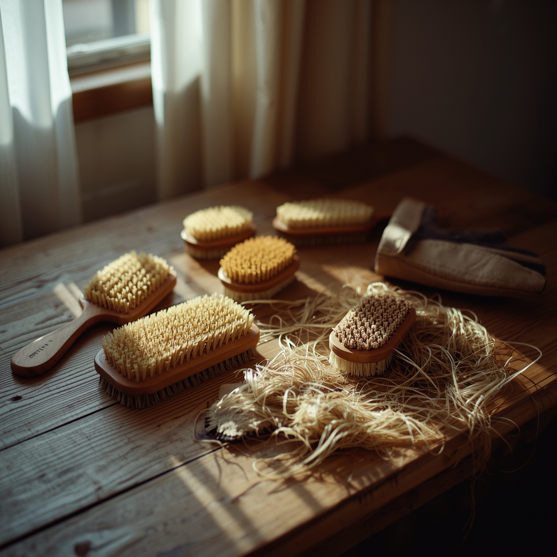 Assortment of dog brushes on wooden grooming table