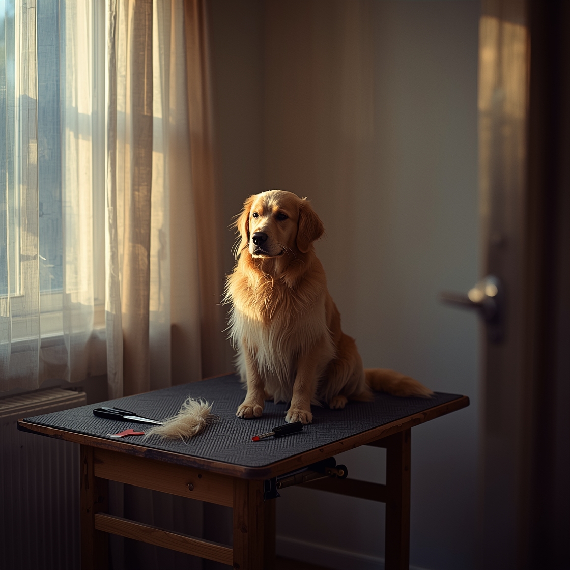 A golden retriever sits on a wooden grooming table