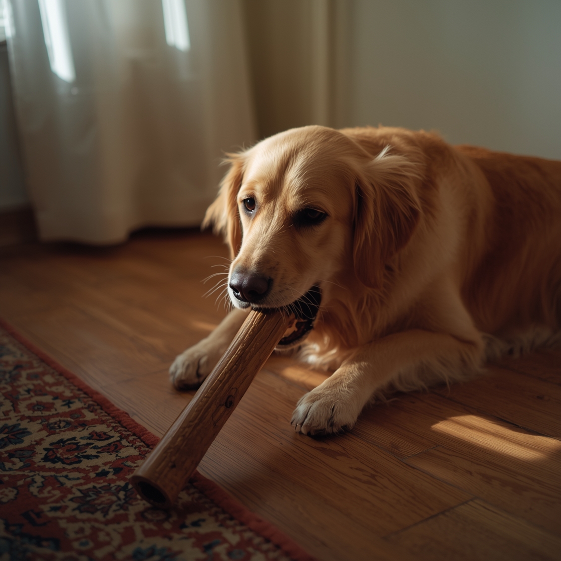 Senior golden retriever chewing dental chew on hardwood floor