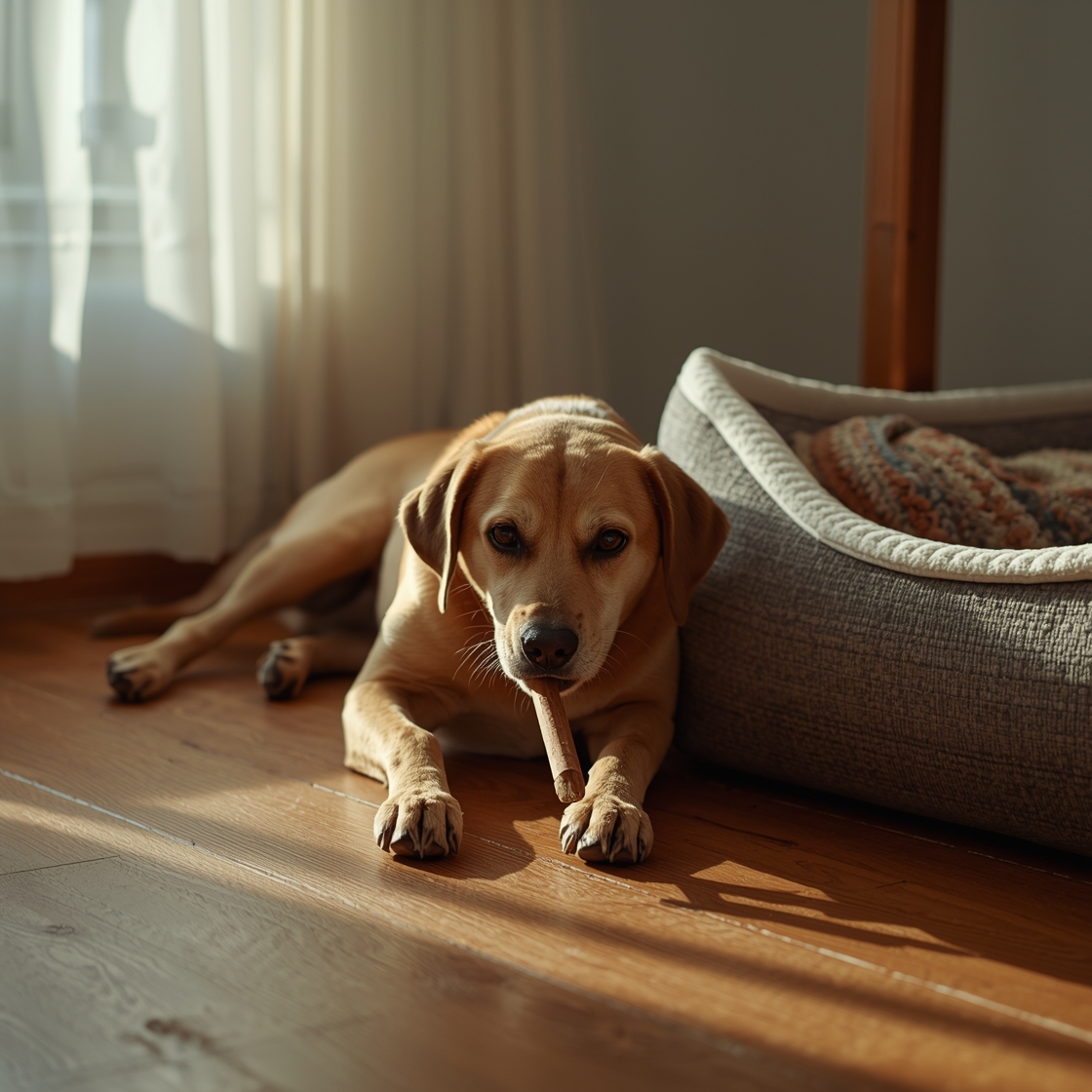 Senior dog chewing dental chew on wooden floor