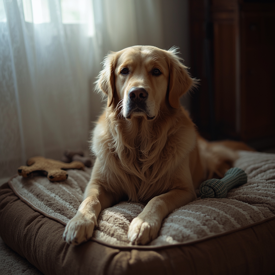 A senior golden retriever sitting on a plush dog bed in morning sunlight