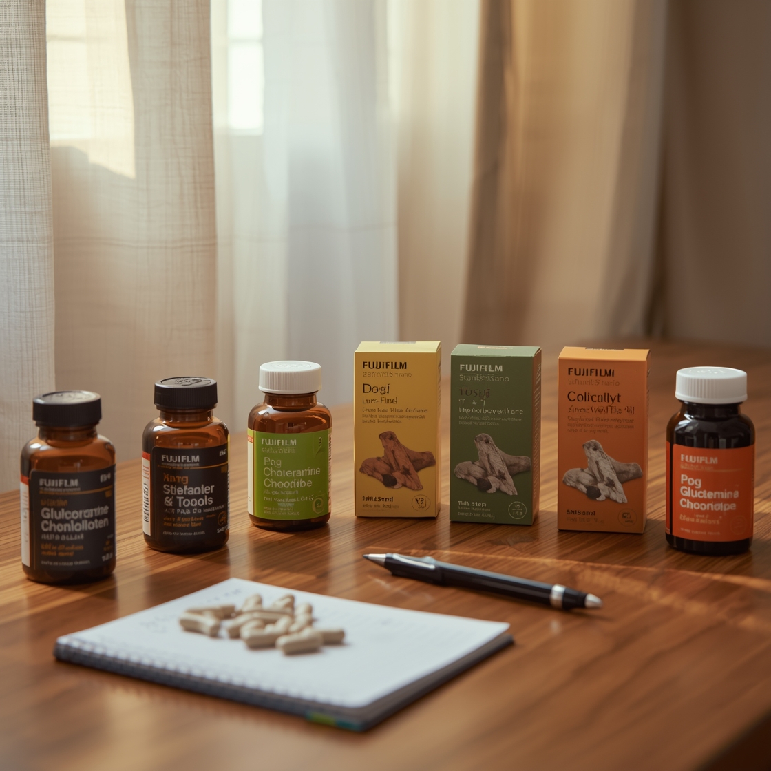 Dog joint supplement bottles and boxes on a wooden desk