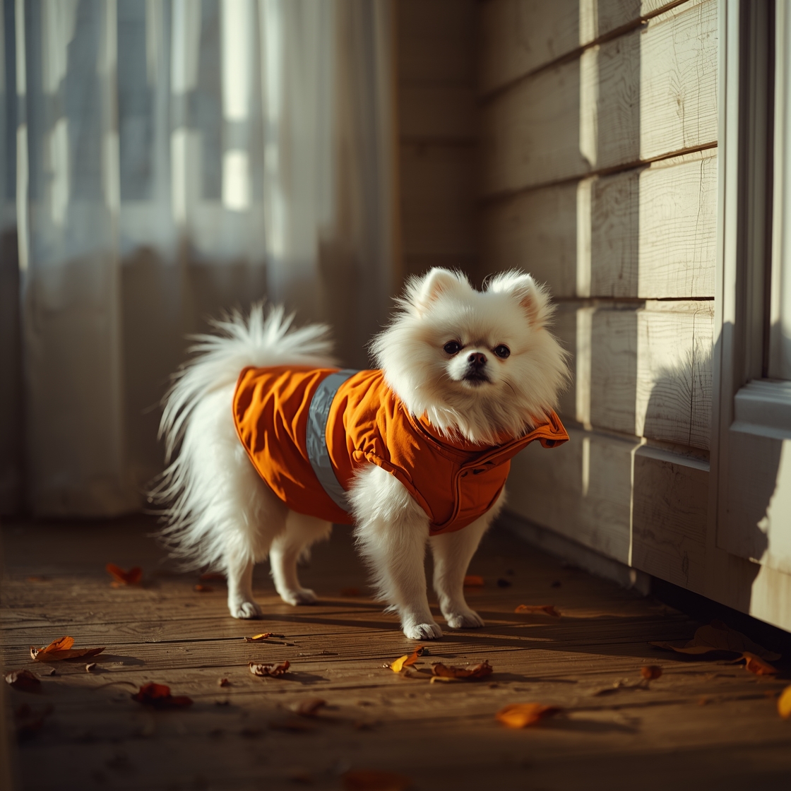 Small white dog in orange insulated coat on wooden porch