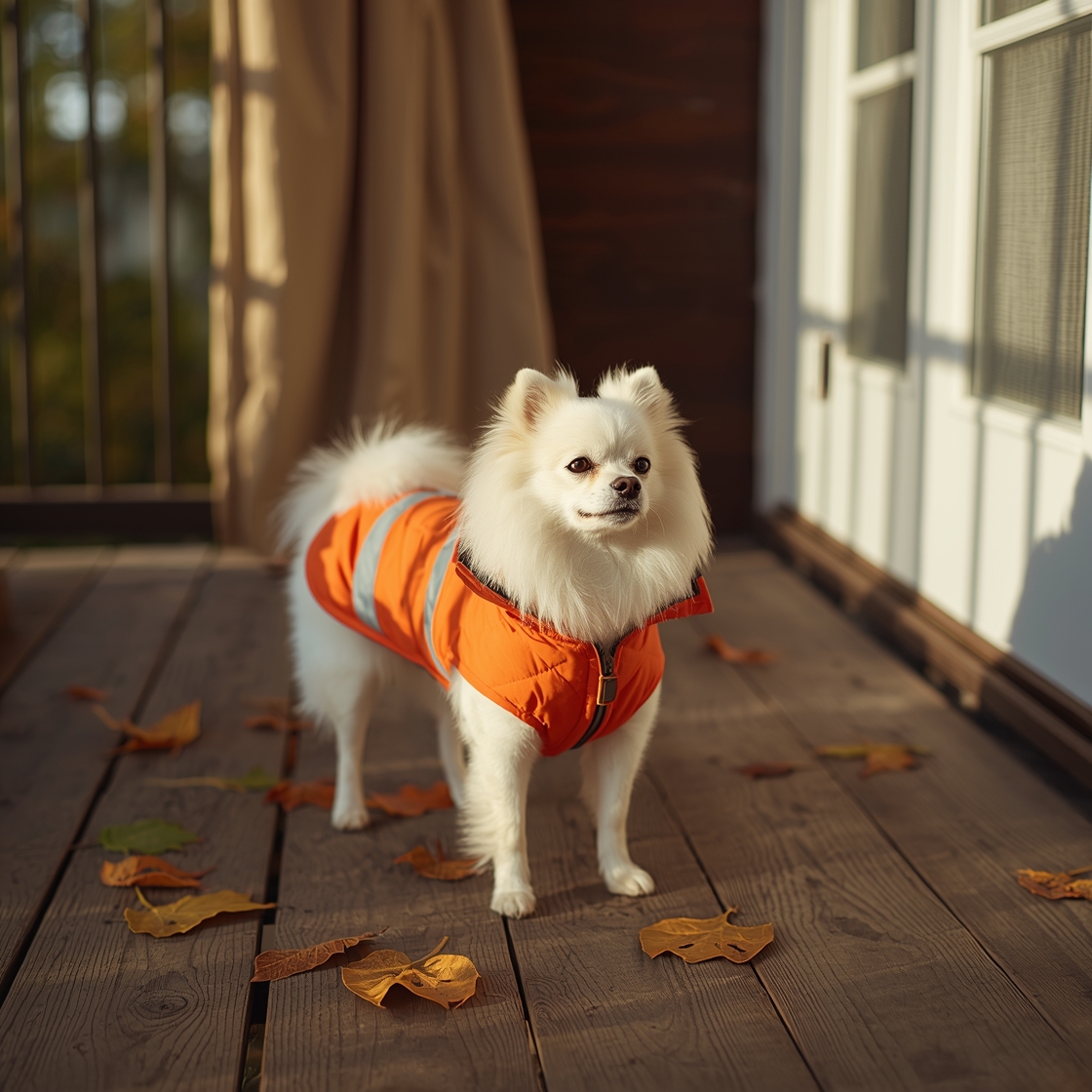 Small white Pomeranian in orange insulated dog coat on porch