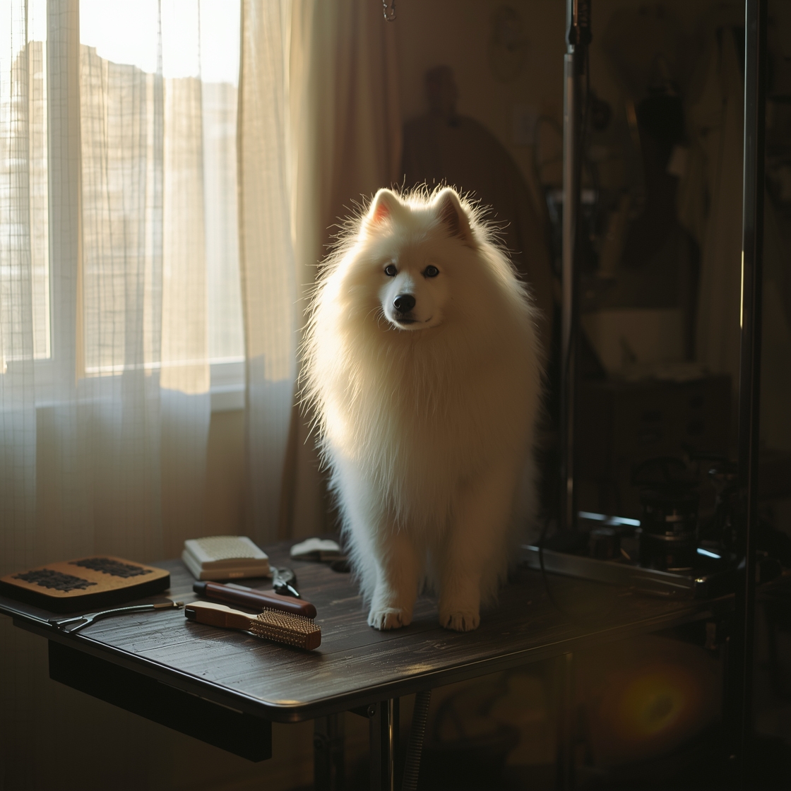 Samoyed on a grooming table surrounded by dog grooming tools