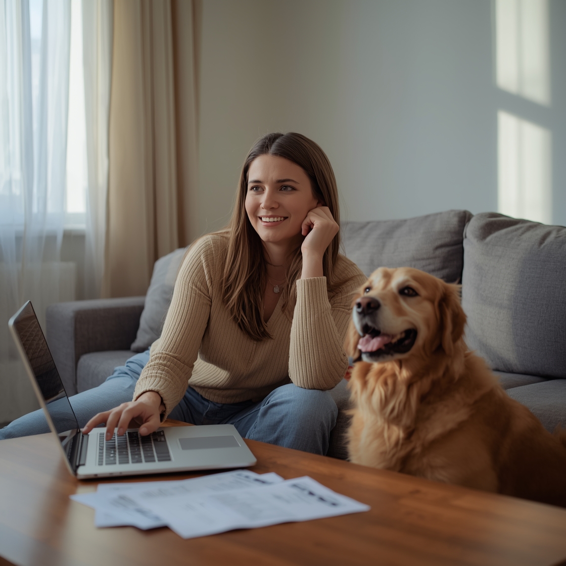 Pet owner reviewing dog food labels with cheerful golden retriever