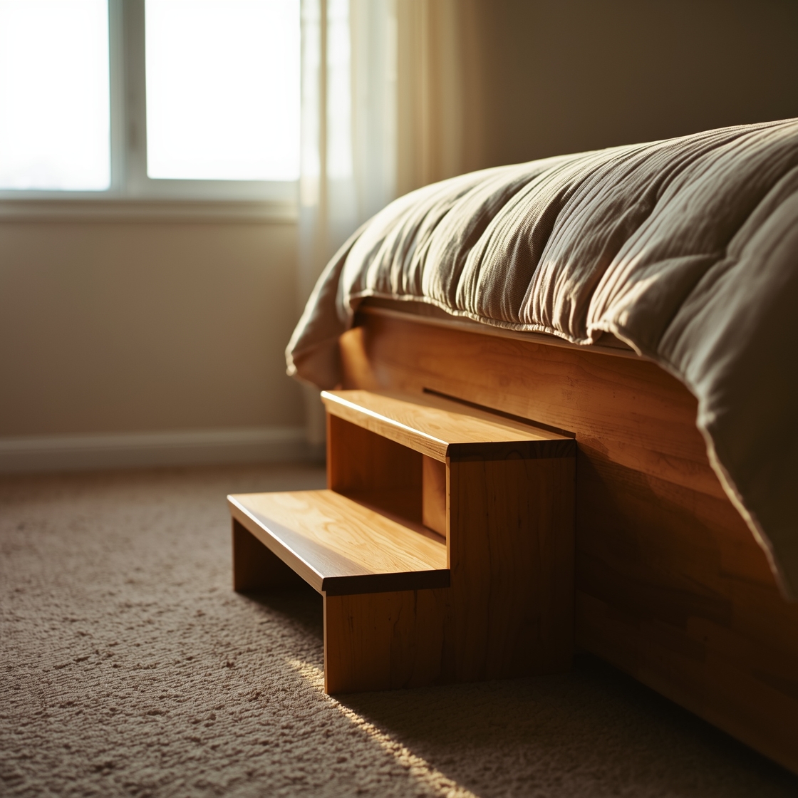 Sturdy wooden dog step beside a high bed on carpet