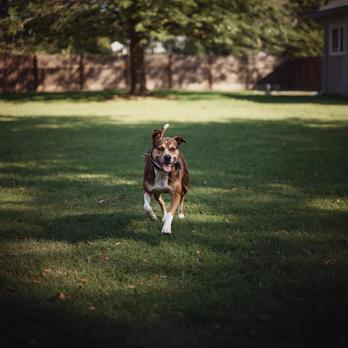A dog runs freely in a large yard with a wireless fence