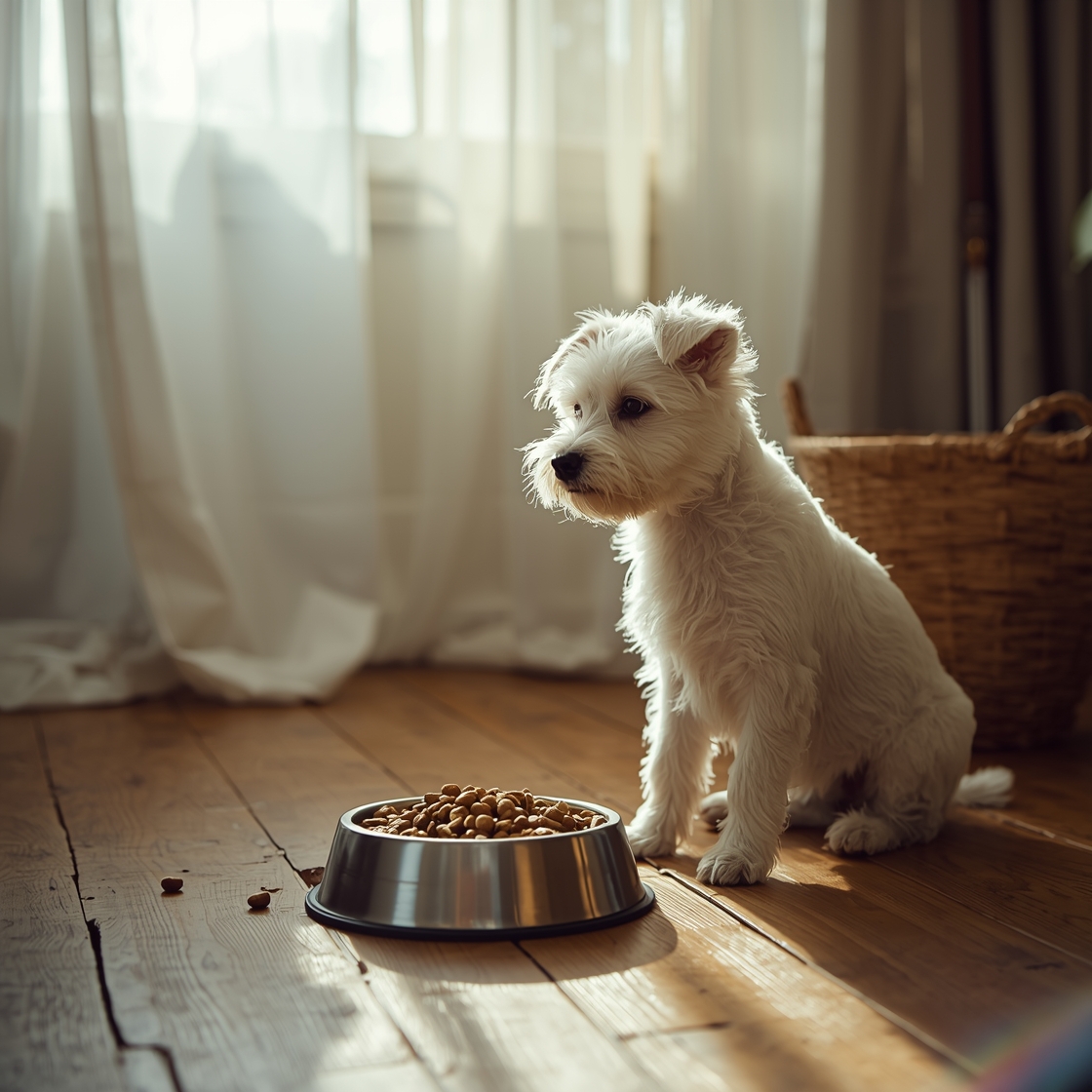 Small terrier mix beside food bowl on rustic wooden floor
