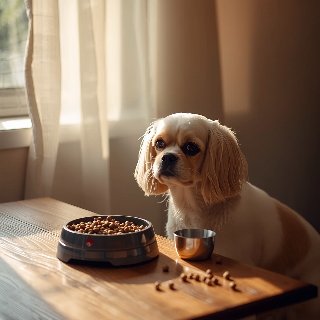 Small dog sitting beside bowl of high-quality dog food