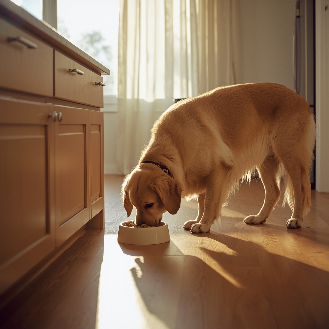 Senior golden retriever eating kibble from ceramic dog bowl