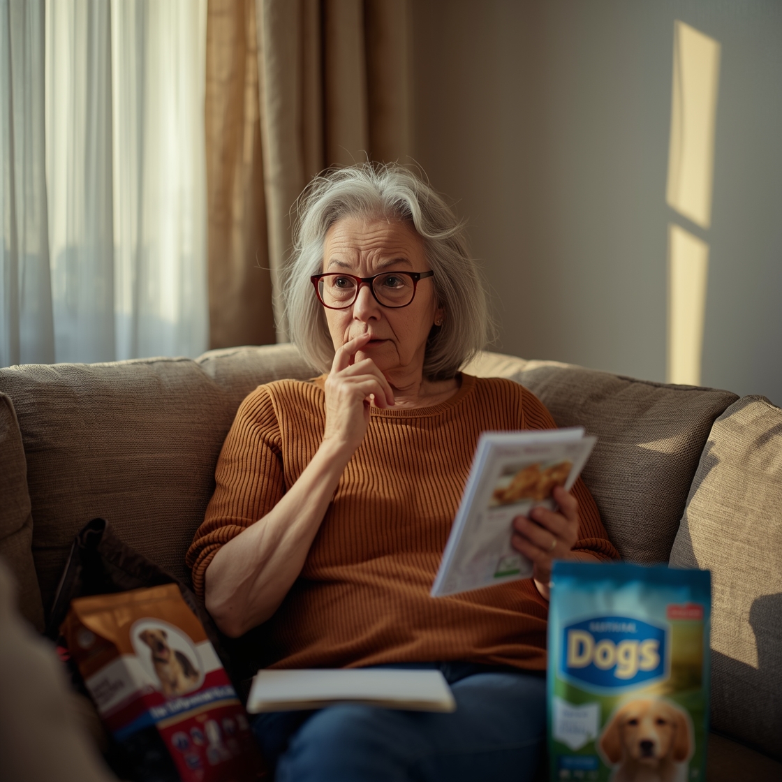 Senior woman researching dog food on couch with packaging