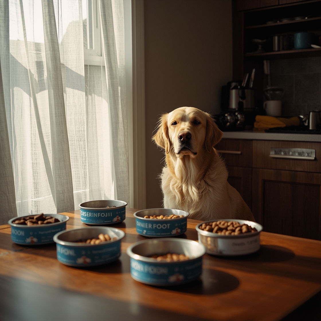 Senior dog sitting beside bowls of recommended senior dog food