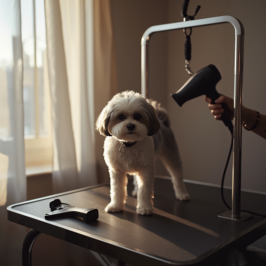 Dog grooming station with handheld dryer and tools