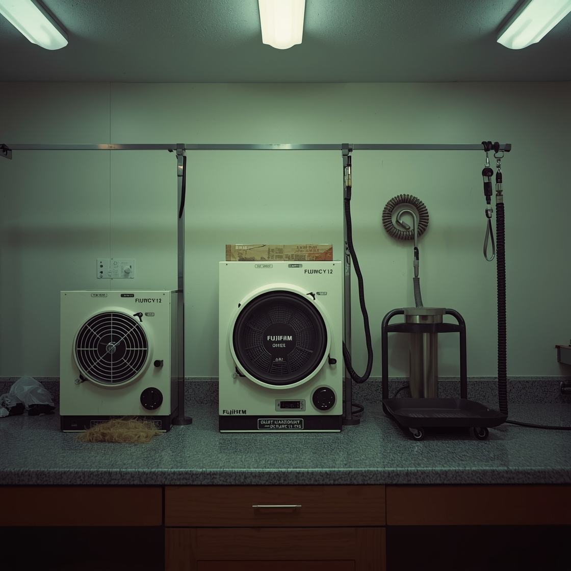 Three types of dog grooming dryers on a pet grooming station