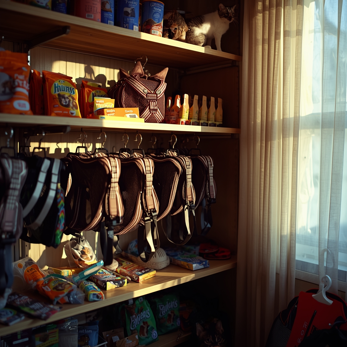 Variety of cat harnesses on pet store shelf