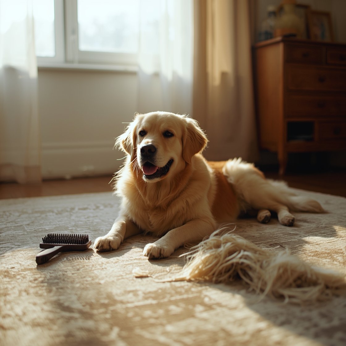 Golden Retriever lying on a rug surrounded by deshedding tools