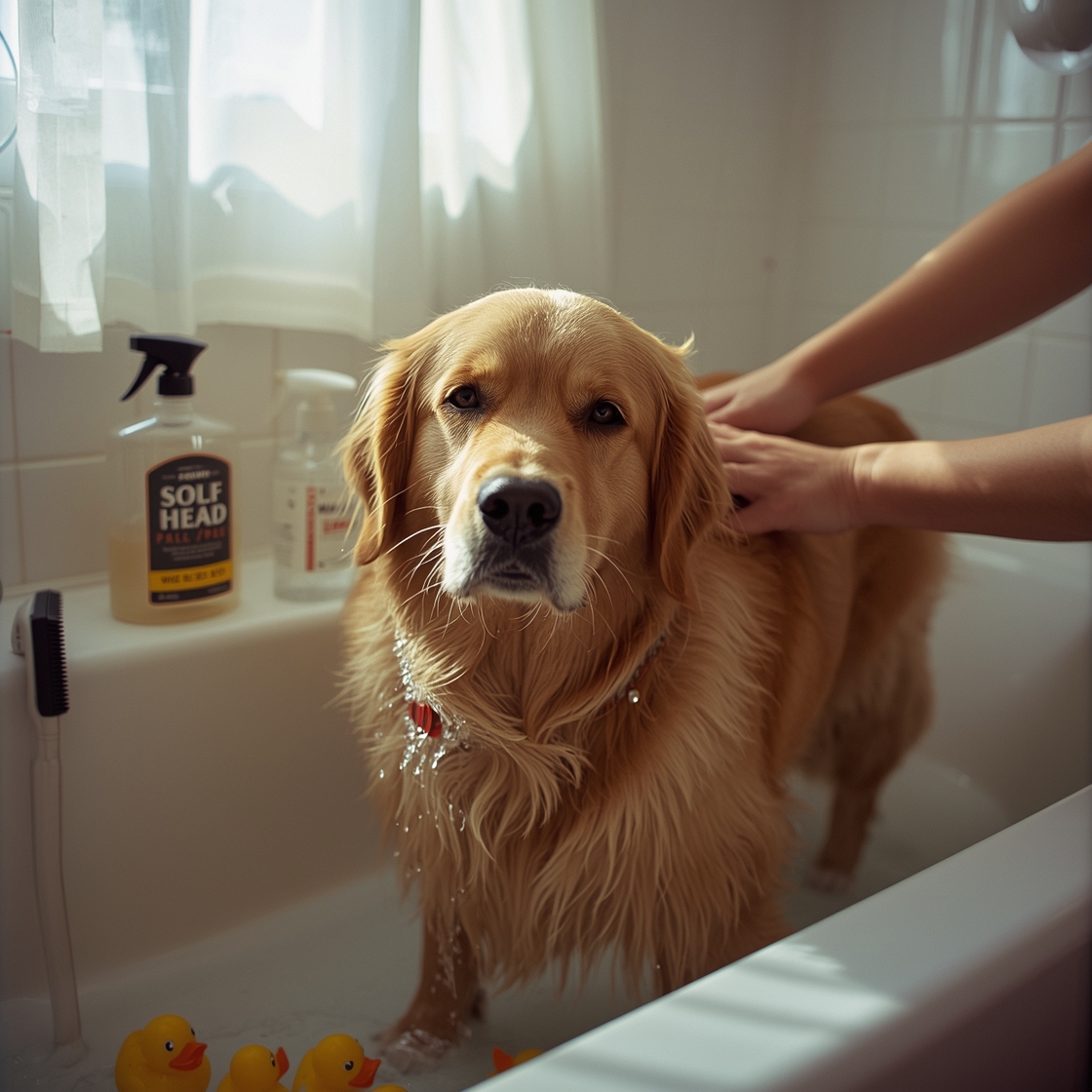Golden Retriever being rinsed in bathroom with deshedding tools nearby