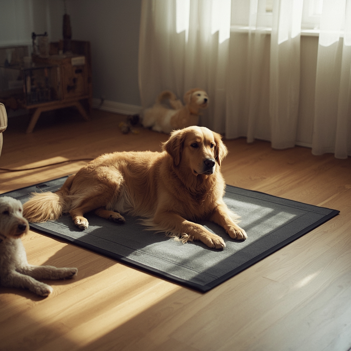 Golden retriever on a dog cooling mat in a living room